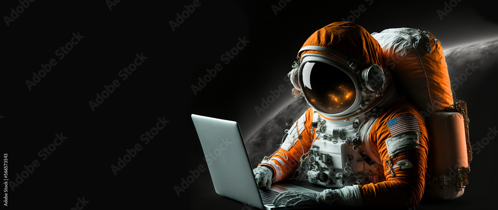 Wall mural Work from anywhere concept with Astronauts working on laptop with spacesuit - generative ai image