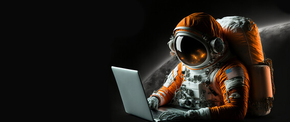Work from anywhere concept with Astronauts working on laptop with spacesuit - generative ai image - obrazy, fototapety, plakaty
