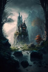 Fototapeta na wymiar Image of fantasy landscape with castle, created using generative ai technology