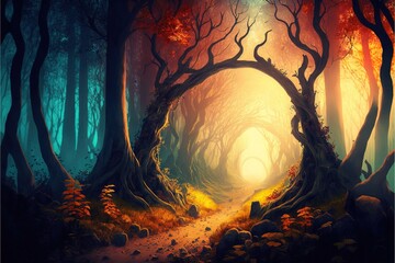 Image of fantasy landscape with forest, created using generative ai technology