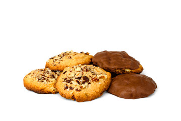 Shortbread cookies with chocolate and nuts isolated on white background.