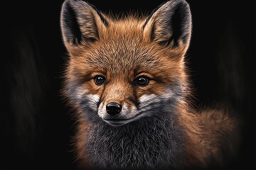 Fototapeta premium Portrait of cute fox on black background, created using generative ai technology