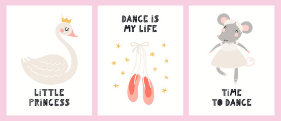 Cute animals, swan, mouse, ballerina girls, ballet dancers, pointe shoes. Posters, cards collection. Hand drawn vector illustration. Scandinavian style flat design. Concept kids fashion, textile print