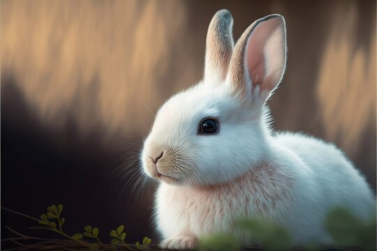 Portrait of cute rabbit and plants on black background, created using generative ai technology