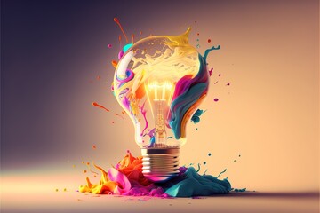 Image of lightbulb with colourful stains on beige background, created using generative ai technology