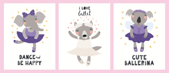 Cute animals, elephant, wolf, koala, ballerina girls, ballet dancers. Posters, cards collection. Hand drawn vector illustration. Scandinavian style flat design. Concept kids fashion, textile print.