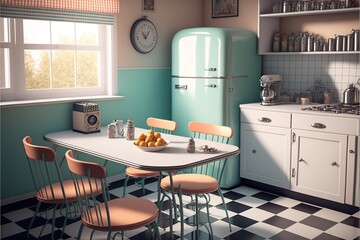 Image of retro kitchen and dining table interiors, created using generative ai technology