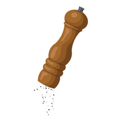 Wooden pepper mill, black pepper. vector illustration on white background