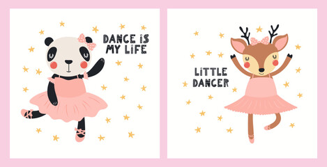 Cute funny animals, panda, deer, ballerina girls, ballet dancers. Posters, cards collection. Hand drawn vector illustration. Scandinavian style flat design. Concept for kids fashion, textile print.