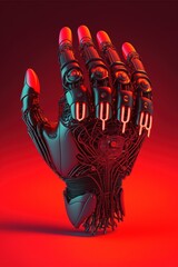 Image of cyber prosthetic of hand on red background, created using generative ai technology