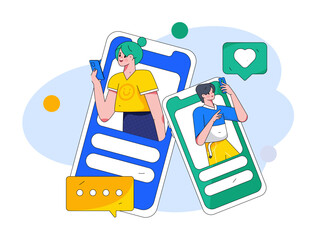 Virtual characters social communication concept business flat vector hand drawn illustration
