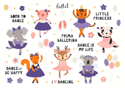 Cute animal ballerinas, pointe shoes, flowers, balloons, quotes, big set isolated on white. Hand drawn vector illustration. Scandinavian style flat design. Kids prints, characters, elements collection
