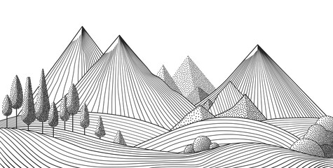 Mountain landscape of vector line art. Minimal outline vector background with mountain ranges. Black and white minimalist line drawing of mountains and trees.
