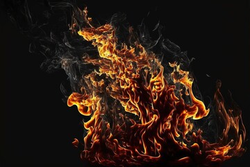 Detailed fire flames and smoke on black background, created using generative ai technology
