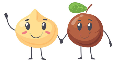 Macadamia cartoon characters. Happy raw nut and shell
