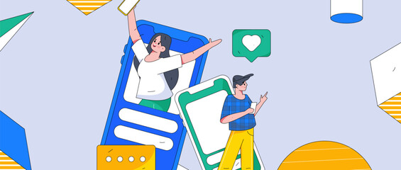Virtual characters social communication concept business flat vector hand drawn illustration
