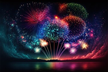 Multi coloured fireworks exploding over water, created using generative ai technology