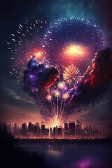 Multi coloured fireworks exploding over cityscape, created using generative ai technology