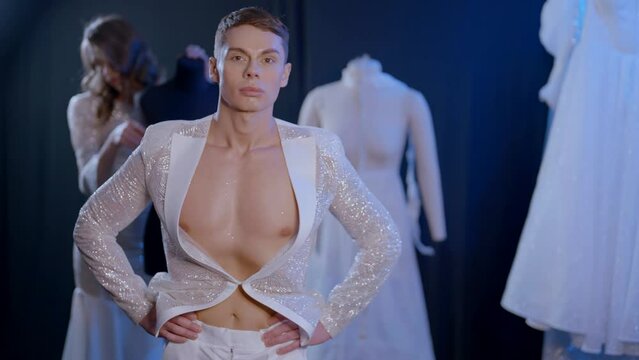 lgbt community, young homosexual men in fashion atelier, gay models