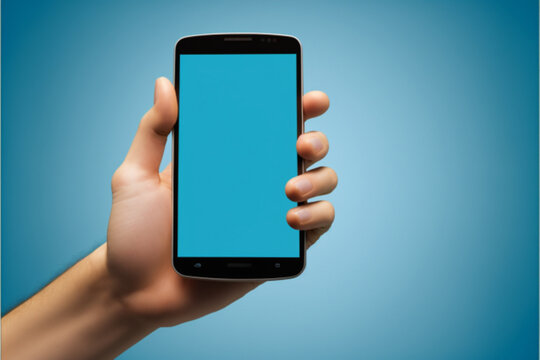 Person holding mobile phone in hand ,on blue background, with sample social media. Generative AI