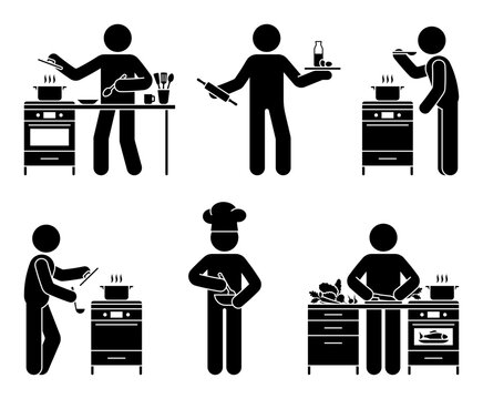 Stick Figure Male Cooking At Home Kitchen Vector Illustration. Stickman Person Making Soup, Tasting Meal, Cutting Vegetables Icon Pictogram