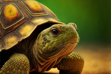 Naklejka premium a close up of a turtle on a dirt ground with a green back ground and a green back ground and a green back ground and a green back ground. generative ai