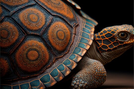  a close up of a turtle on a black background with an orange and blue pattern on its shell and the turtle is facing the camera.  generative ai