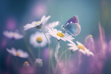 Butterfly on beautiful wild flowers chamomile, purple wild peas in morning haze in nature, macro close-up. Generative AI