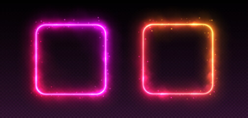 Neon frames with smoke and sparkles, gradient LED borders with fog and glowing particles. Modern futuristic avatar frames with magic aura. Galaxy UI elements with starlight. Vector illustration. © Likanaris