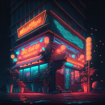 Bar Cafe Shop Building Facade With Neon Label And Lights At Night Generative AI Illustrations