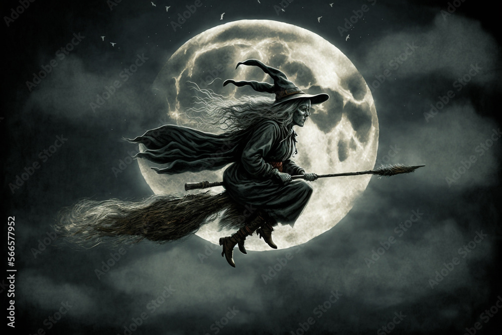 Wall mural Generative Ai of a black witch flying on a broom at full moon. 