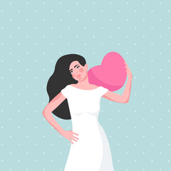 Banner with woman in white dress, hugging pink heart. Happy Valentine's Day. Flat vector illustration.