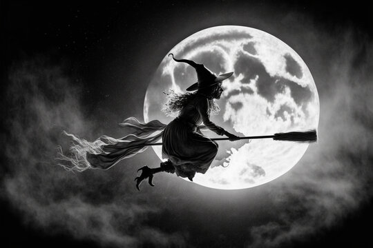 Generative Ai of a black witch flying on a broom at full moon. 