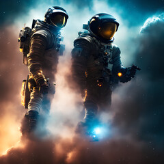 Fototapeta premium two astronauts from the future, among very colorful smoke