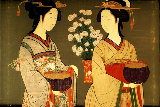 Traditional Japanese painting. Women in kimano.