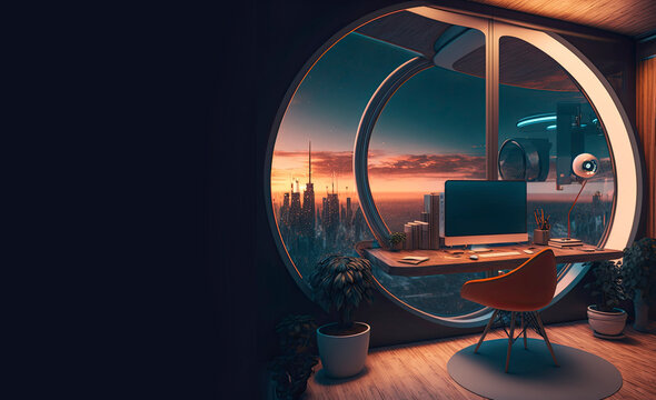 Futuristic Home Office Setup With Computer Setup And Sky Window Created With Generative AI Technology