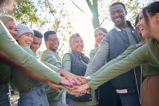 Team, motivation and friends in a huddle while hiking together in the forest or woods from below. Fitness, exercise or nature with a diversity man and woman friend group putting hands in a circle