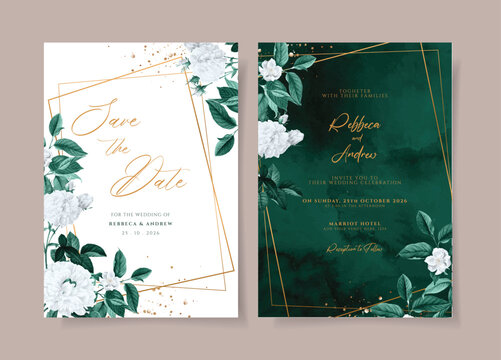 Watercolor wedding invitation template set with emerald green floral and leaves decoration