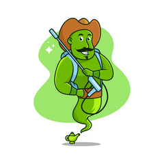Cartoon Genie coming out of a magic lamp, green genie cartoon with cowboy hat
