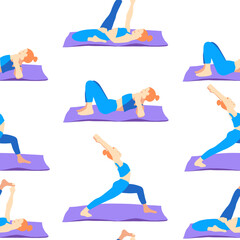 Yoga poses with mat seamless pattern wallpaper. Ginger European female woman girl. Vector illustration in cartoon flat style isolated on white background.