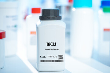 BiCl3 bismuth(III) chloride CAS 7787-60-2 chemical substance in white plastic laboratory packaging