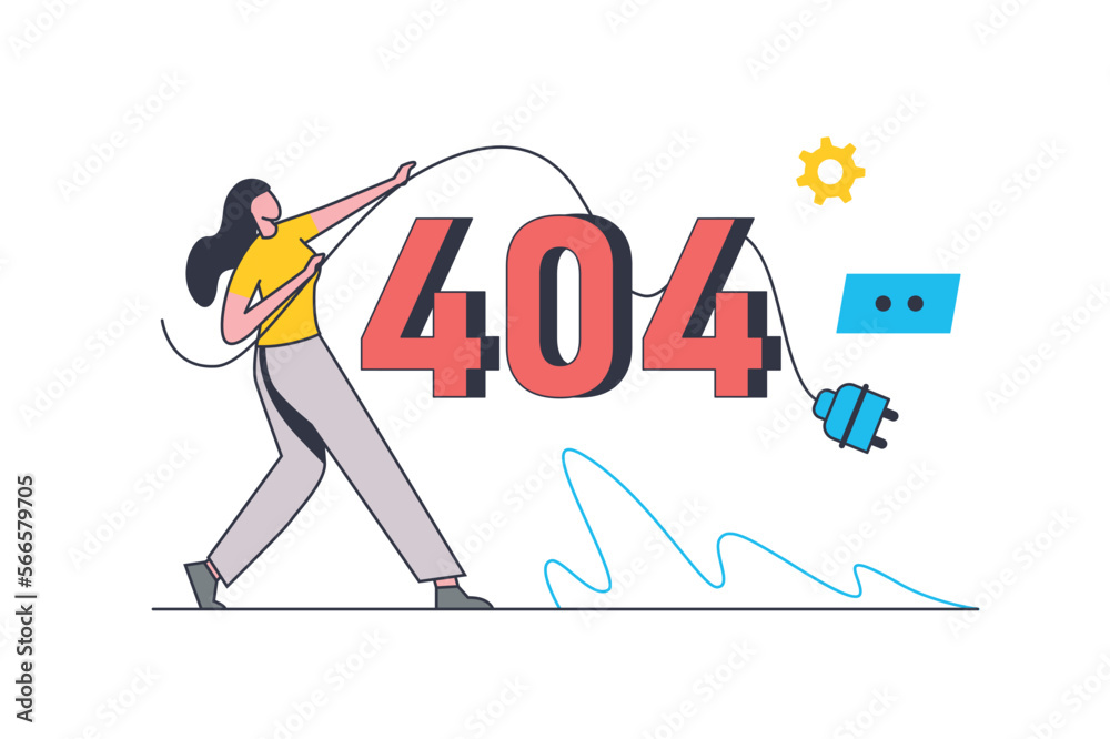 Poster 404 error flat line concept. woman holding cable, seeing internet problem and disconnect message and