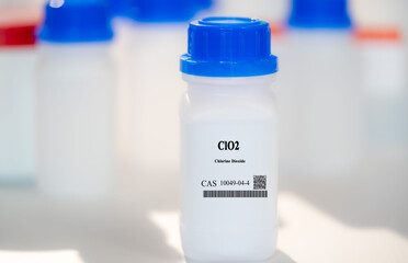 ClO2 chlorine dioxide CAS 10049-04-4 chemical substance in white plastic laboratory packaging