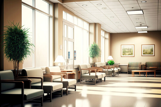 Large Empty Waiting Room At Hospital Reception With Tables