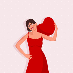Banner with woman in red dress, hugging red heart. Happy Valentine's Day. Flat vector illustration.