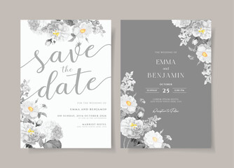 Wedding invitation template set with floral and leaves decoration