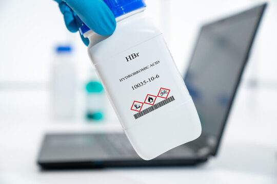 HBr hydrogen bromide hydrobromic acid CAS 10035-10-6 chemical substance in white plastic laboratory packaging