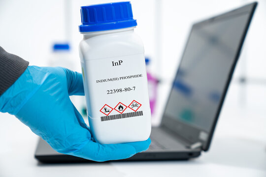 InP indium(III) phosphide CAS 22398-80-7 chemical substance in white plastic laboratory packaging