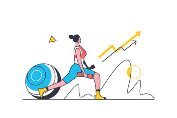 Fitness flat line concept. Woman athlete doing exercises with dumbbells and fitness ball, doing strength training and improving her body. Vector illustration with outline people scene for web design