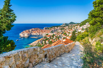Dubrovnik, Croatia: Panoramic view of the old town on the shores of the Adriatic Sea' small coastal town on the Croatian Mediterranean riviera
